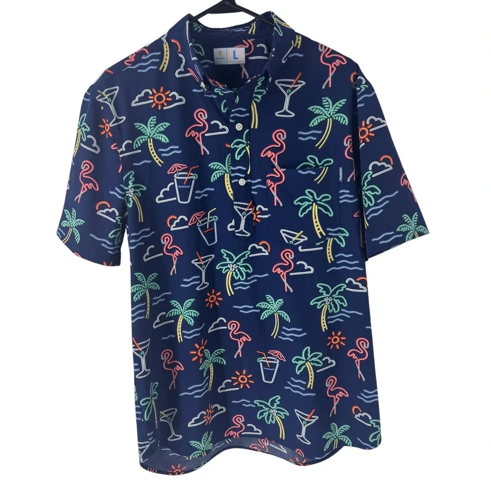 Chubbies Mens Large Neon Flamingo Palm Tree Tropical Navy Short Sleeve Shirt‎ L